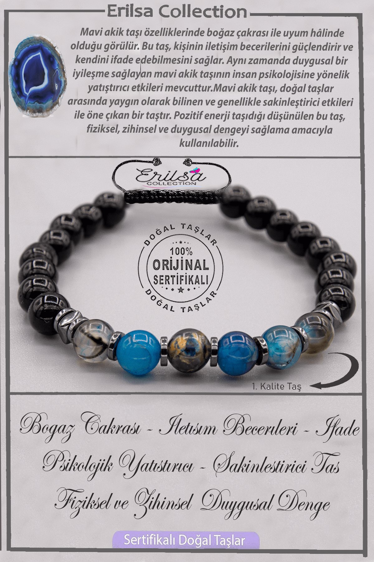 Sertifikalı AAA+ Kalite Gerçek Terahertz - Mavi Akik Taşı Bileklik - Ayarlamalı