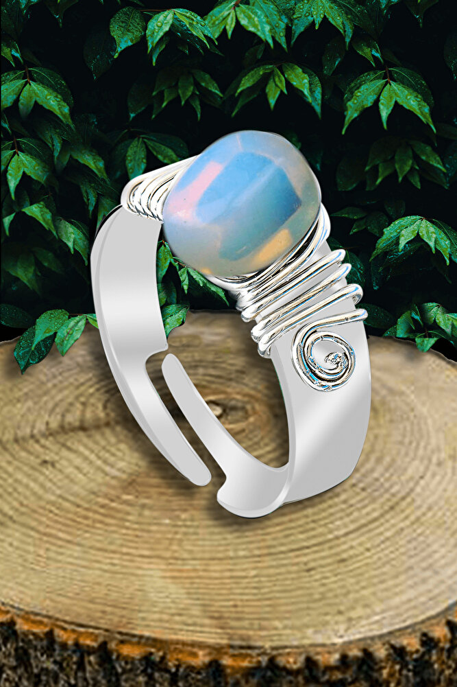 Sertifikalı Kalın Tımbıl Gümüş Model Opal - Ay Taşı Yüzük - Ayarlamalı