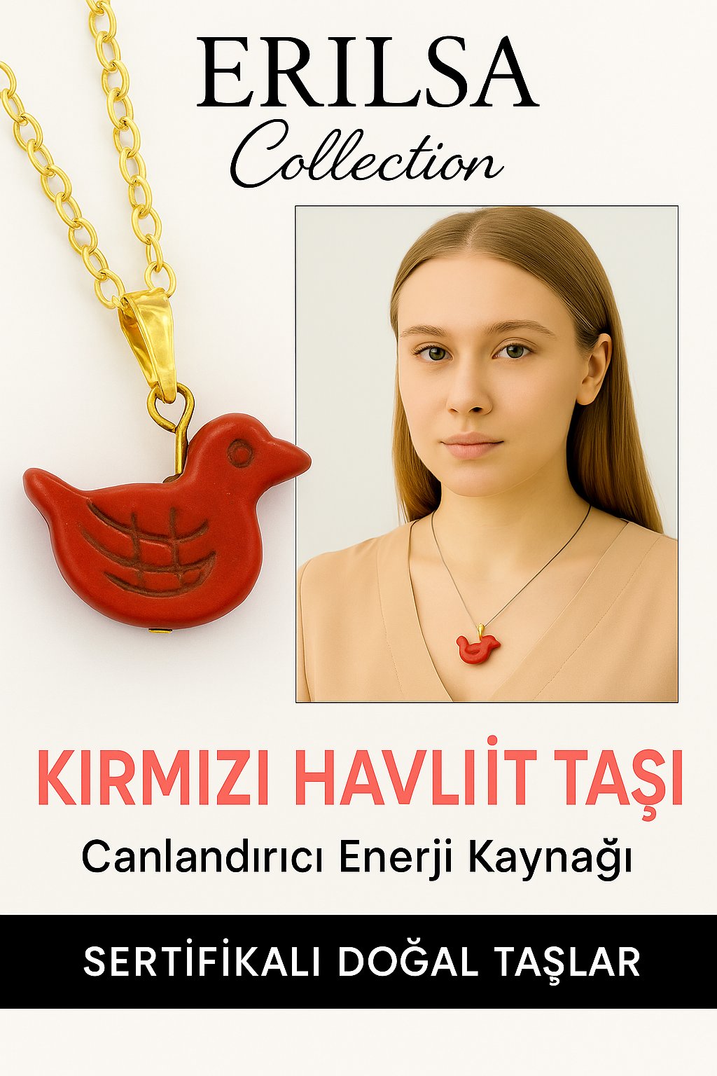 Sertifikalı Kuş Model Kırmızı Havlit Taşı Kolye – Enerji, Denge ve Ruhsal Güç Taşı