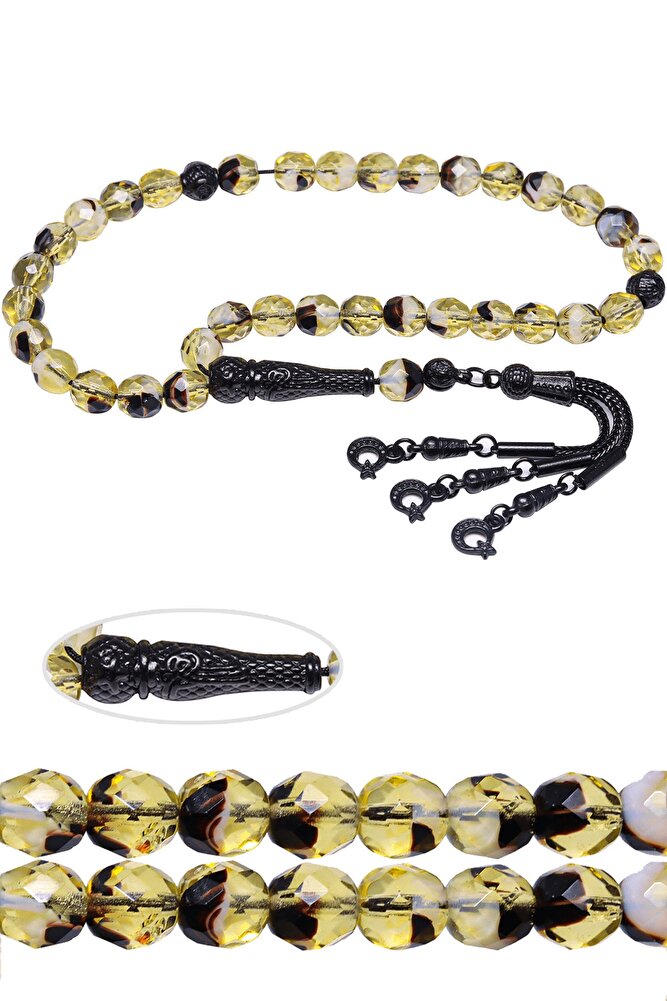 Sertifikalı Gerçek Siyah Sarı Renkli Doğal Kuvars Taşı Tesbih