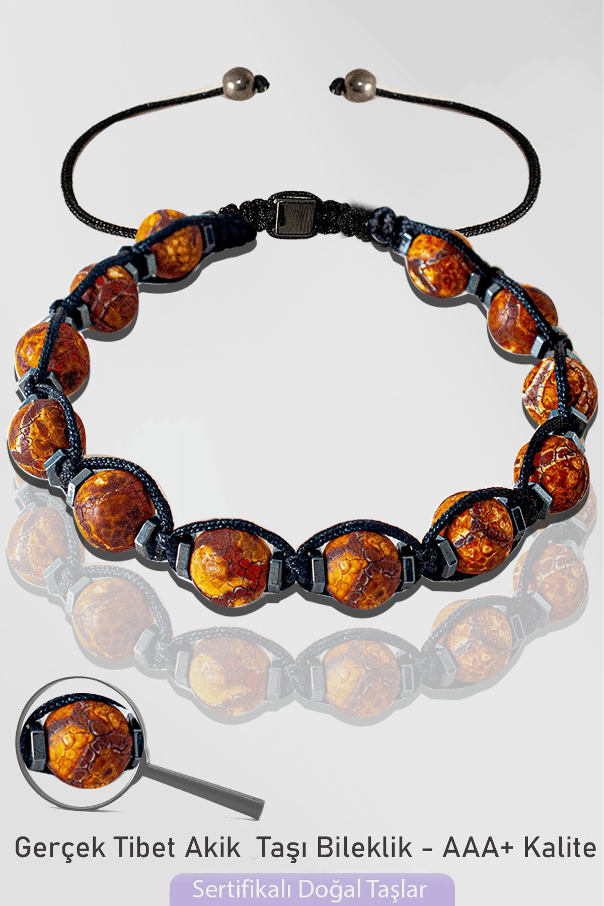 Sertifikalı Doğal Çizgili Kahverengi Akik Taşı Bileklik - Tibet Akiği