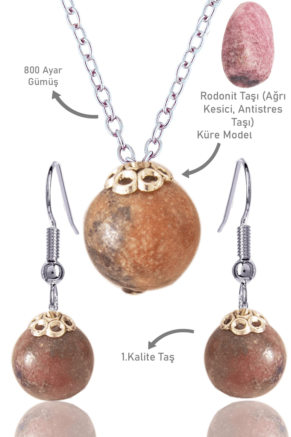 Sertifikalı Küre Model Rodonit Taşı Kolye ve Küpe Seti - Gümüş Aparatlı