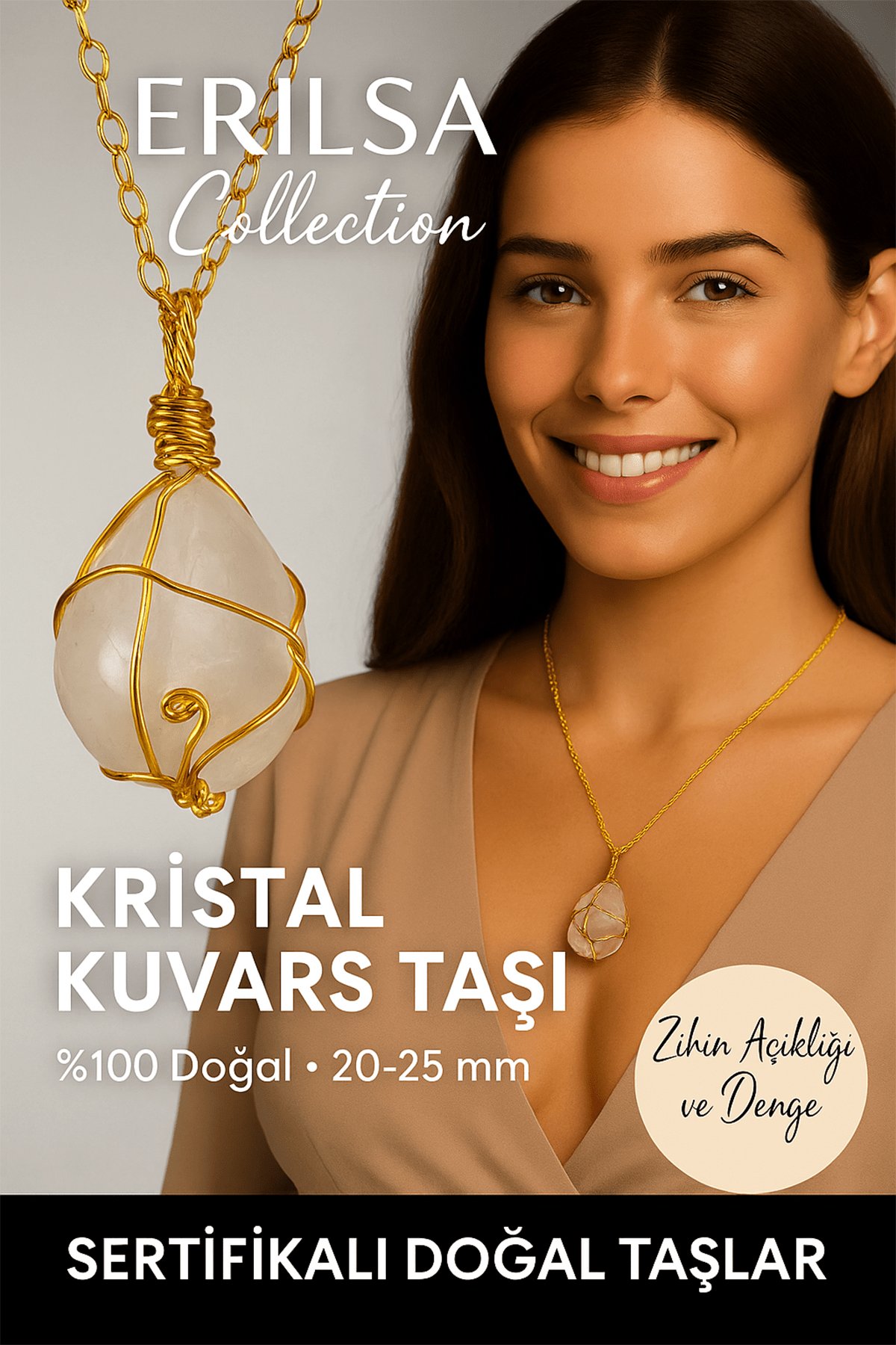 Sertifikalı Doğal Gold Renkli Tel Sargılı Kristal Kuvars Taşı Kolye – Zihin Açıklığı ve Denge Taşı