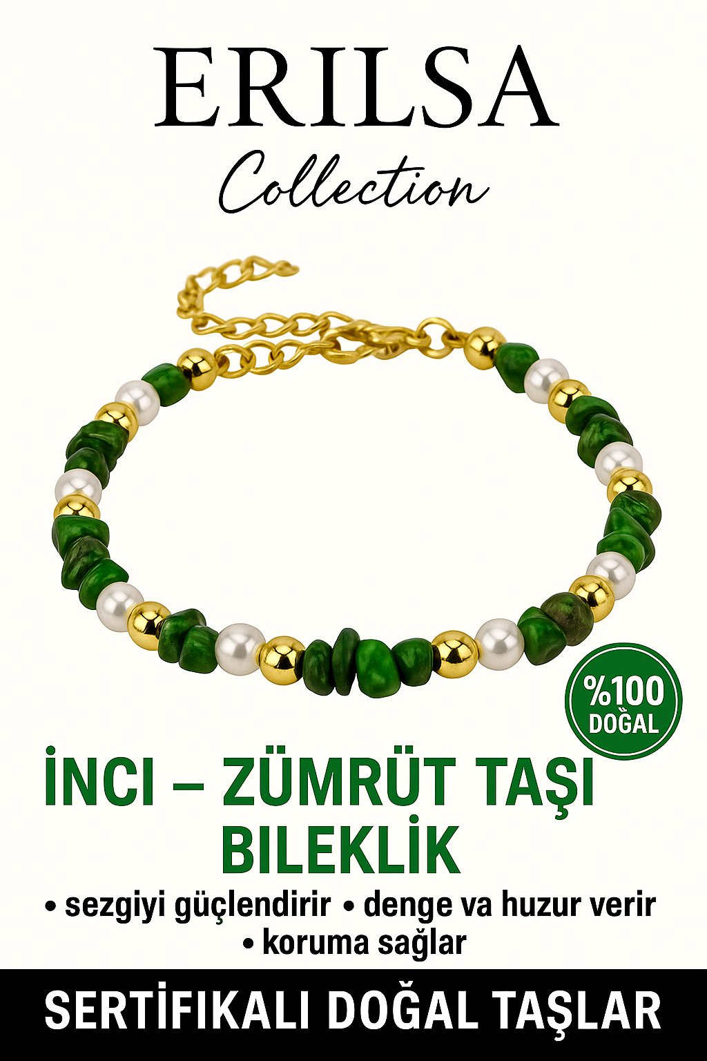 Sertifikalı İnci ve Zümrüt Taşı Bileklik – Sezgi ve Denge