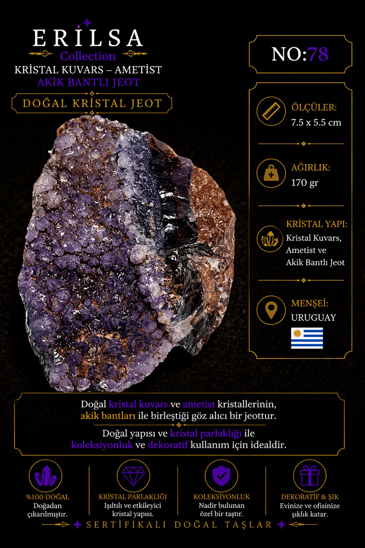 Sertifikalı Doğal Ametist Jeodu Akik Bantlı Kristal Kuvars Ham Kaya Uruguay NO78