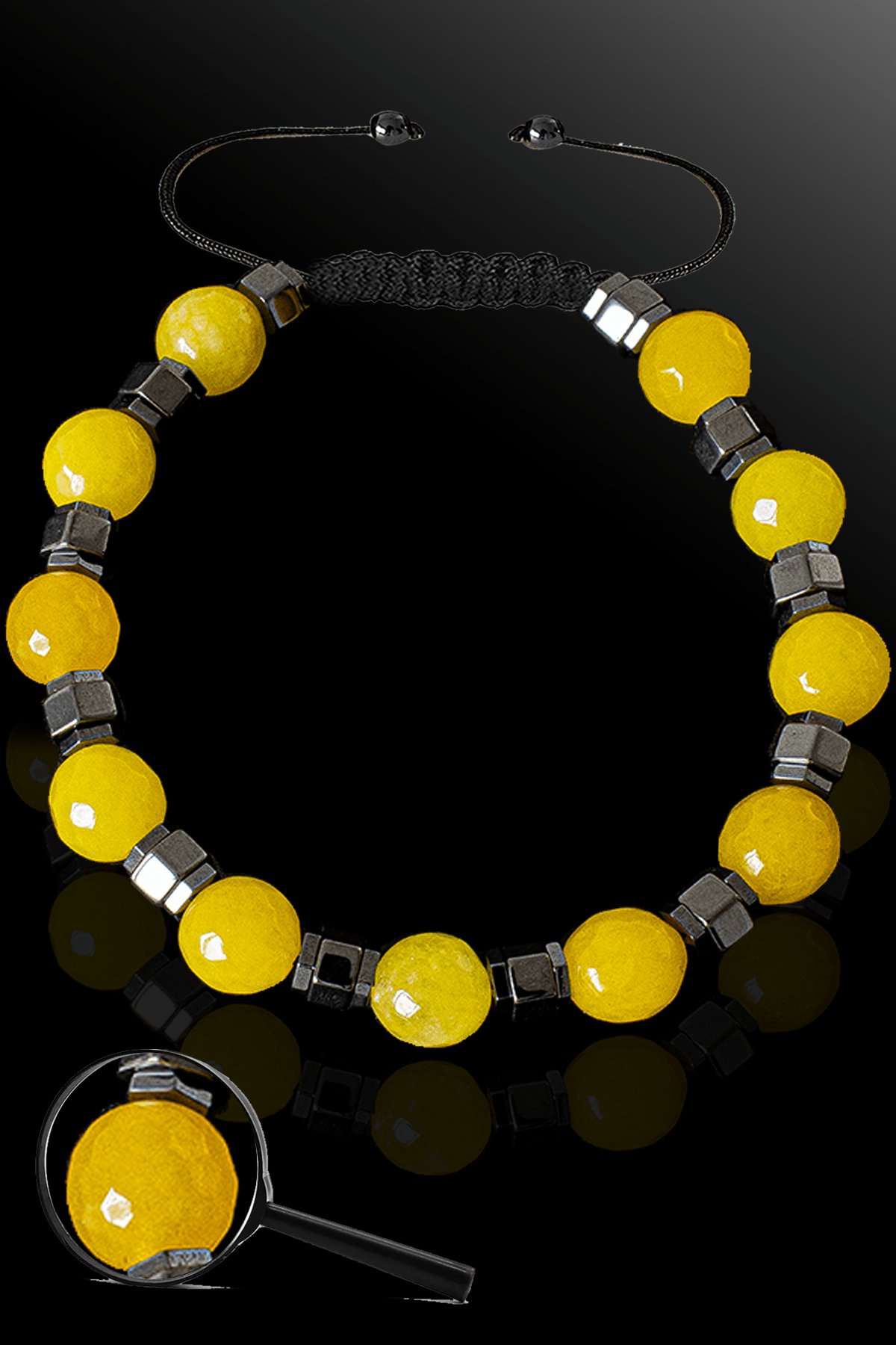 Sertifikalı Silver Hematitli 8 Mm Doğal Fasetli Sarı Akik Taşı Bileklik