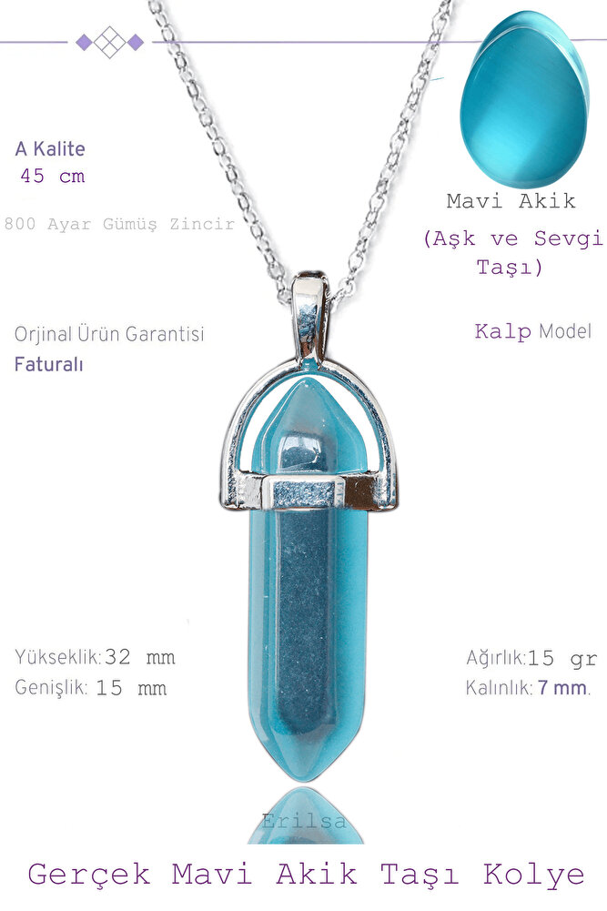 Sertifikalı Gerçek Çivi Model Açık Mavi Akik Taşı Kolye (1.Kalite)