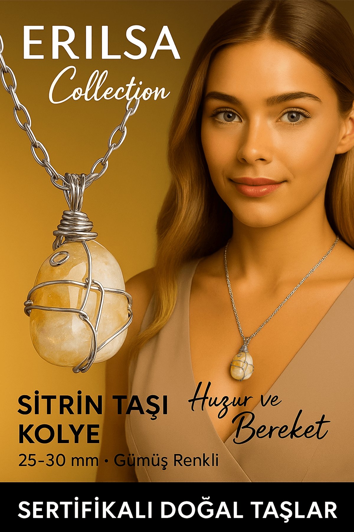 Sertifikalı Gümüş Tel Sargılı Doğal Sitirin Taşı Kolye – 25-30 mm Bolluk ve Pozitif Enerji Taşı