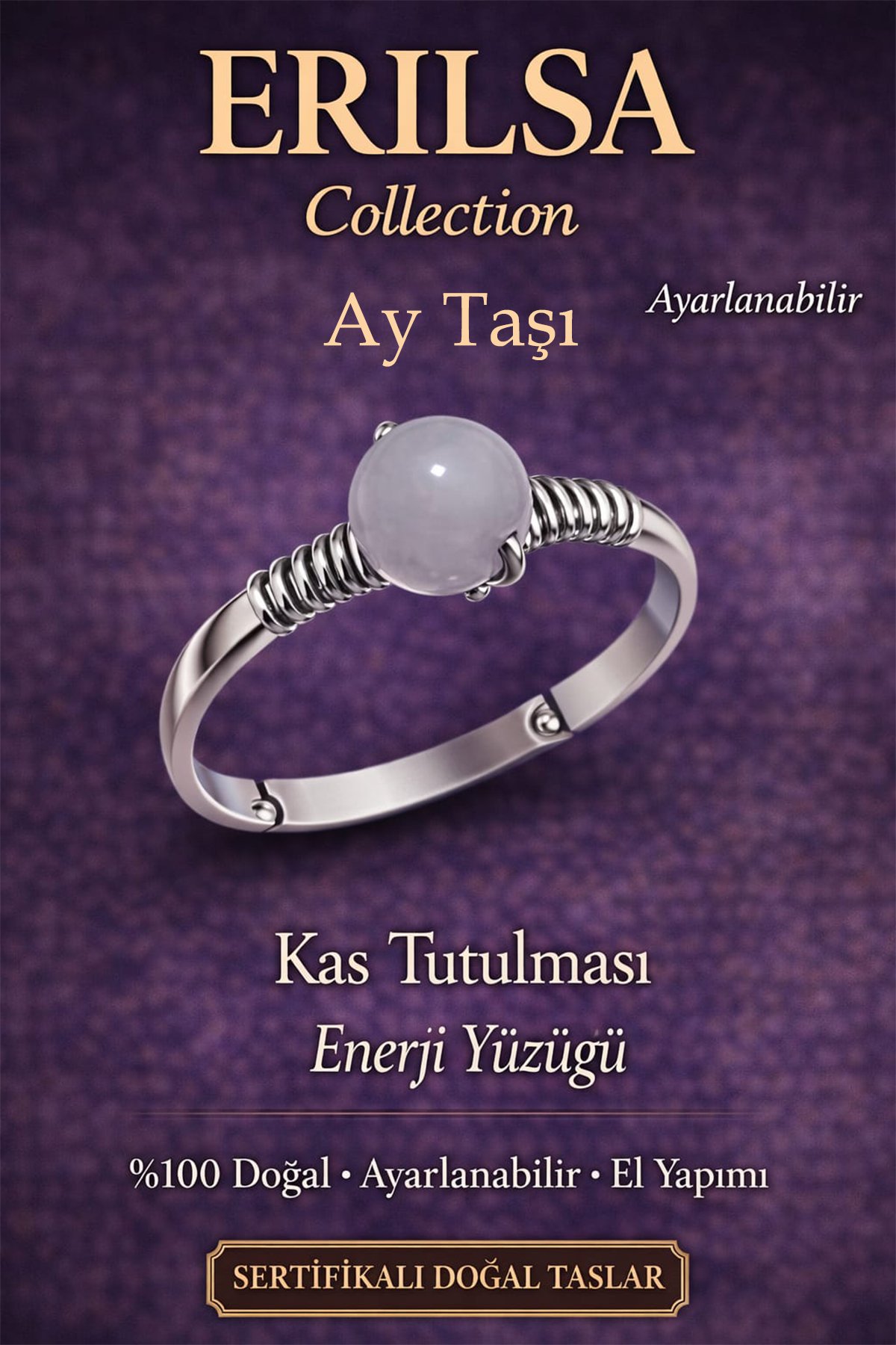 Sertifikalı Kas Tutulması Enerji Yüzüğü – Ay Taşı Ayarlanabilir İnce Kasa Yengeç Balık Terazi Burcu