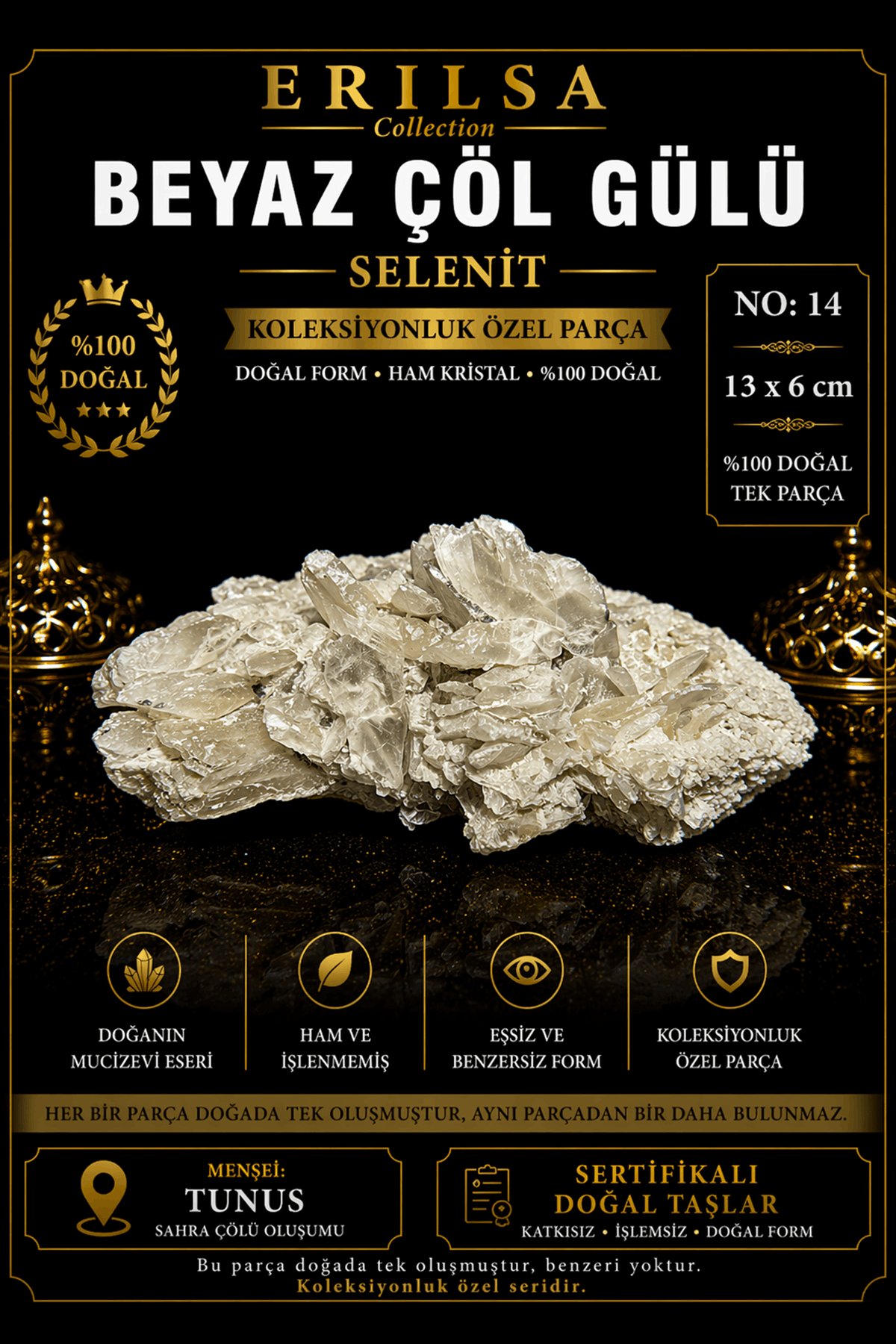 Sertifikalı Beyaz Çöl Gülü Selenit Taşı Kütle - 13x6 cm Koleksiyonluk Doğal Tek Parça