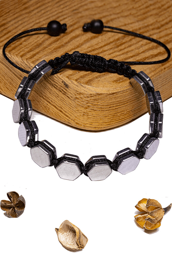 Sertifikalı Altıgen Hematit Taşı Bileklik - Makrome