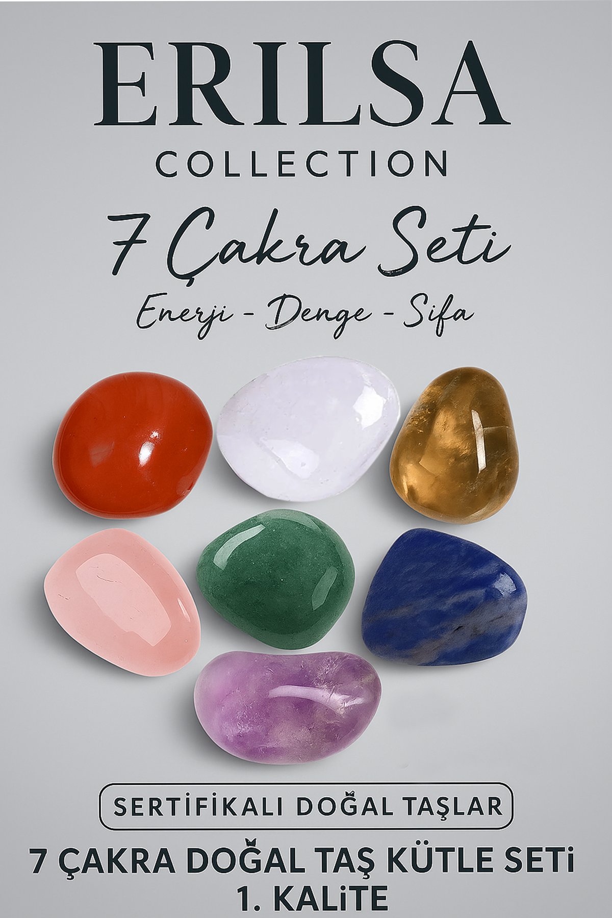 Sertifikalı 7'li Doğal Taş Kütle Çakra Seti - Pembe Kuvars Ametist Lapis Lazuli Aventurin Akik Taşı