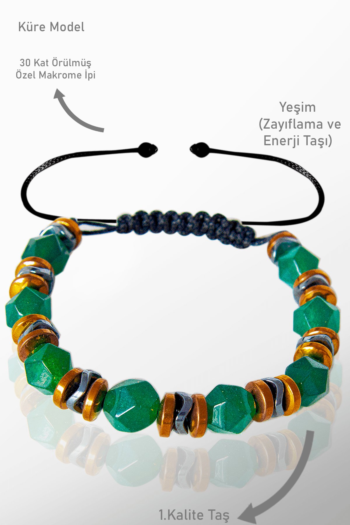 Sertifikalı AAA+ Elmas Kesim Terahertz - Koyu Yeşim Taşı Bileklik - Ayarlamalı