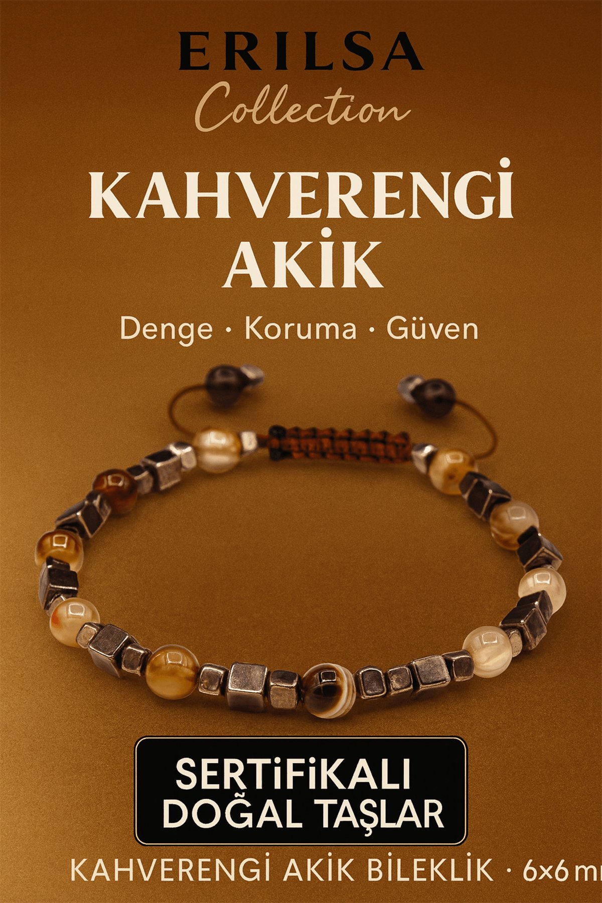 ASertifikalı Doğal Terahertz Kahverengi Akik Taşı Bileklik 6x6 mm - Denge ve Koruma Taşı