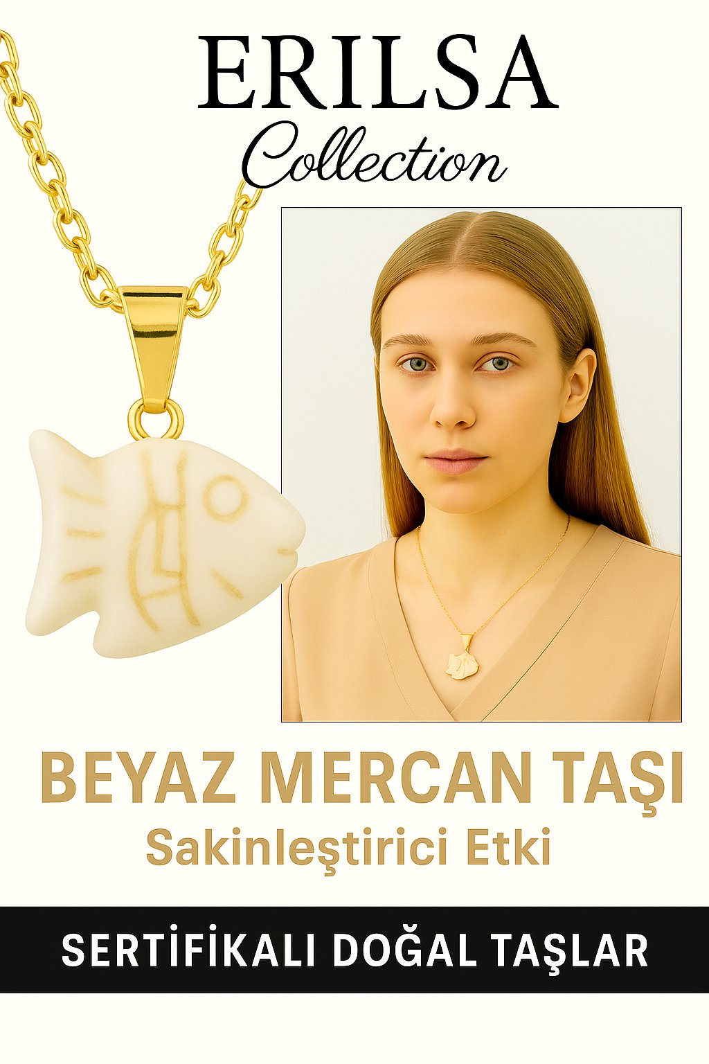 Sertifikalı Balık Model Beyaz Mercan Taşı Kolye – Saflığın ve Şansın Simgesi