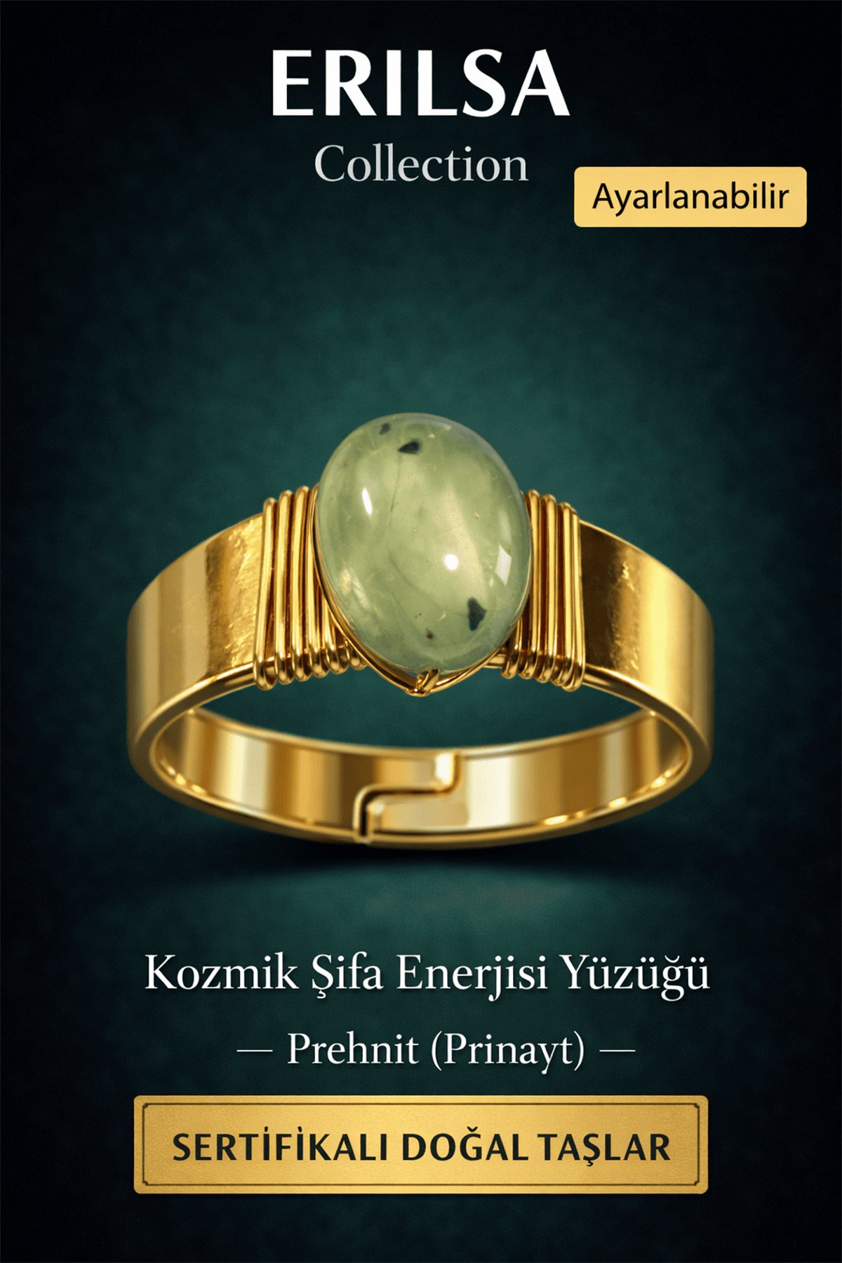 Sertifikalı Doğal Prehnit Prinayt Taşı Yüzük – Kalın Tımbıl Kasa Gold Renk Ayarlanabilir