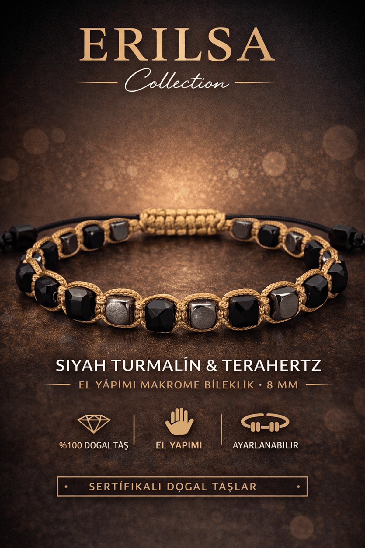 Sertifikalı Siyah Turmalin Terahertz Bileklik 8 MM Doğal Taş Unisex Ayarlanabilir