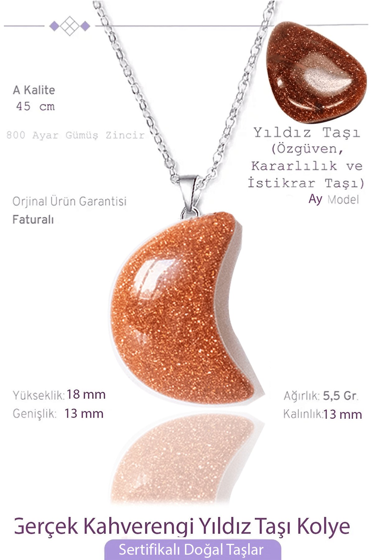 Sertifikalı Ay Model Gerçek Kahverengi Yıldız Taşı Kolye