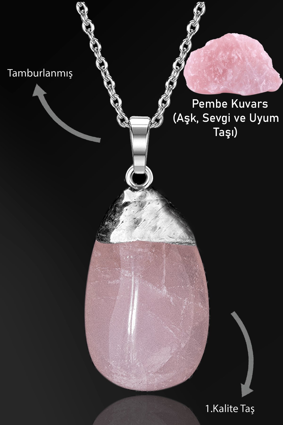 Sertifikalı Tamburlanmış Pembe Kuvars Taşı Kolye