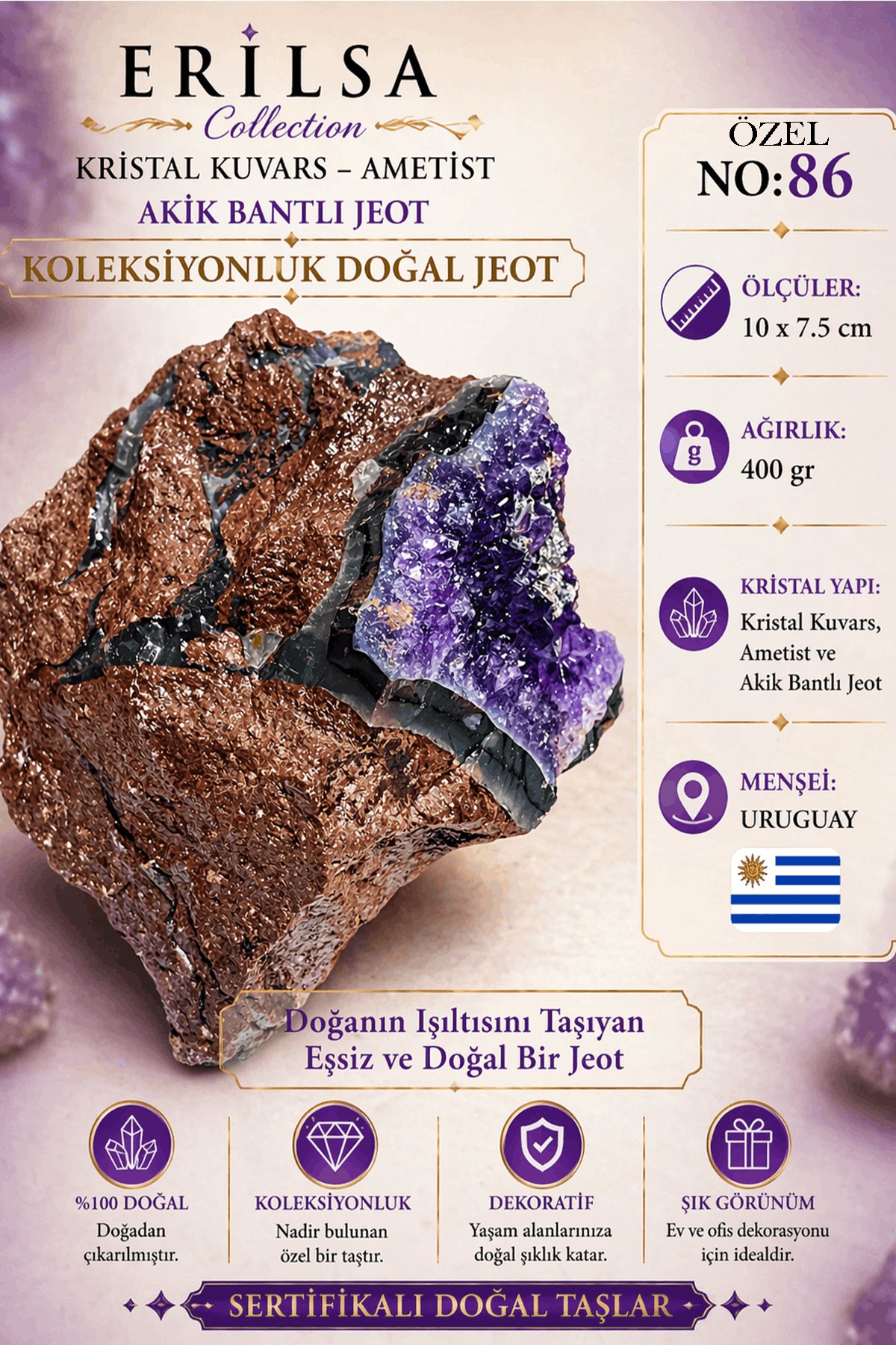 Sertifikalı Kristal Kuvars Ametist Akik Bantlı Jeot Doğal Taş Koleksiyonluk Dekoratif NO86 Özel