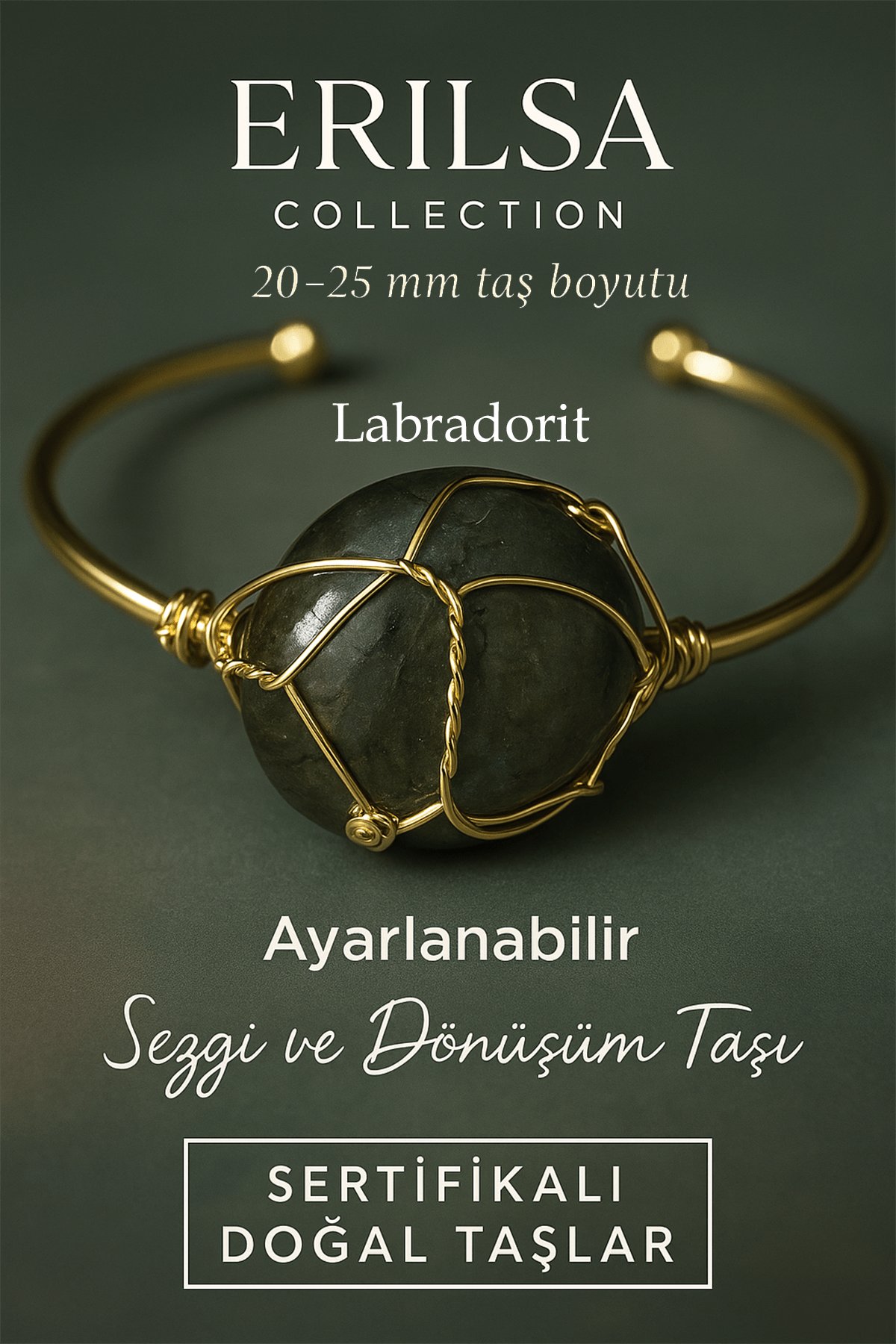 Sertifikalı Doğal Labradorit Taşı Ayarlanabilir 24K Altın Kaplama Bileklik 20-25 mm