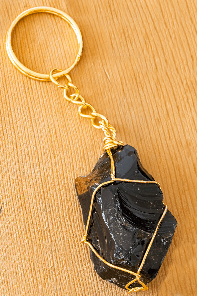 Sertifikalı Gold Siyah Obsidyen Taşı Anahtarlık - Tel Sargılı