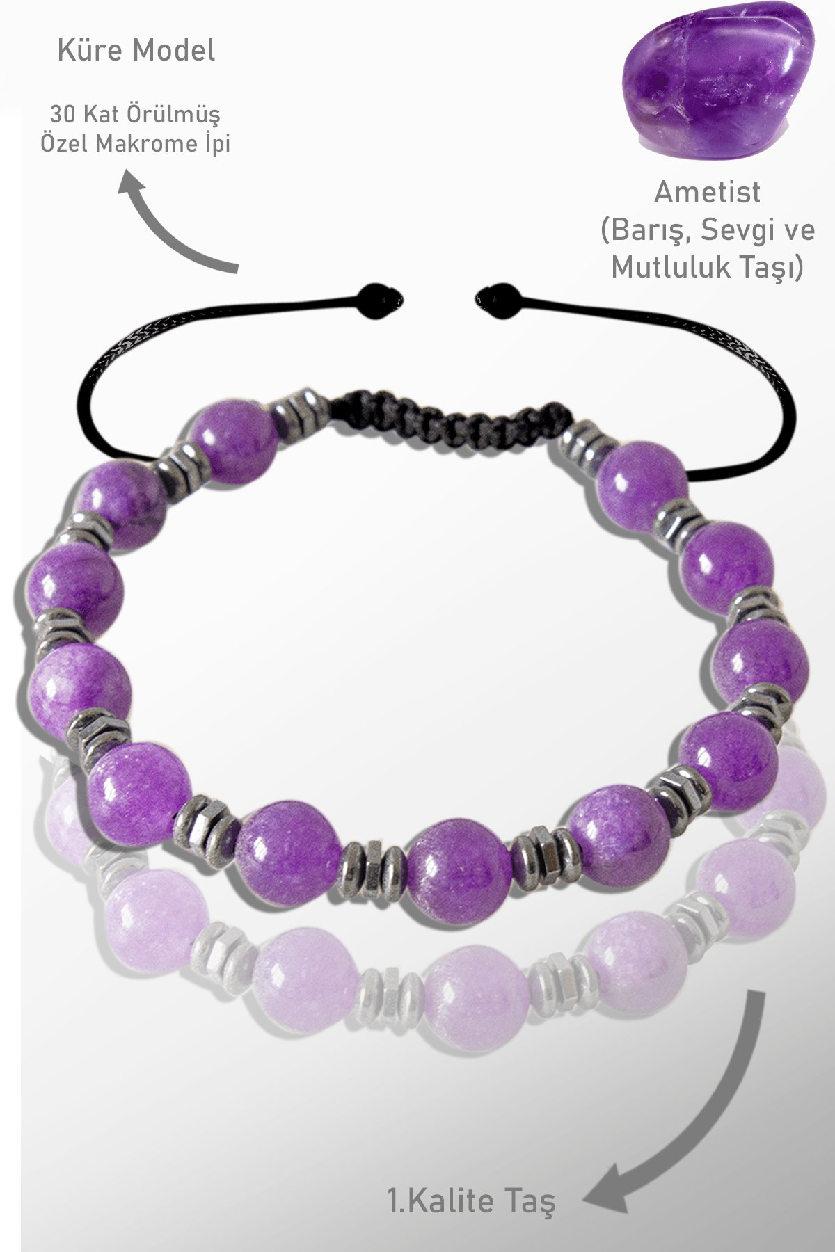 Sertifikalı Gerçek Hematit - Ametist Taşı Bileklik - Ayarlamalı (Hindistan)