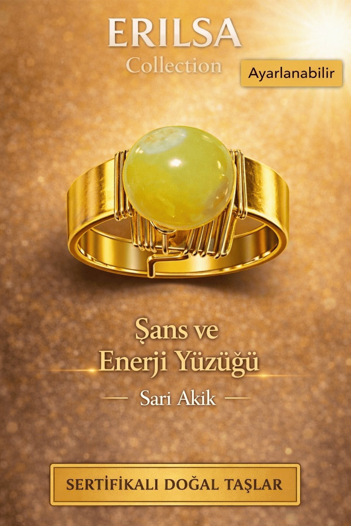 Sertifikalı Sarı Akik Doğal Taş Yüzük – Şans ve Enerji Ayarlanabilir El Yapımı