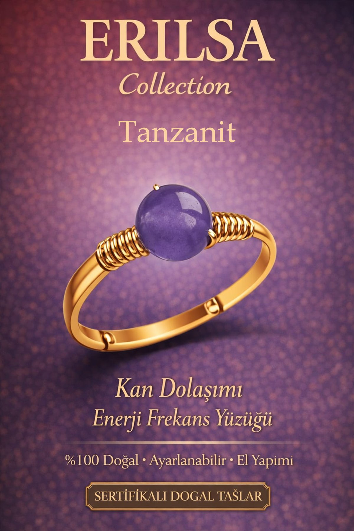 Sertifikalı Kan Dolaşımı Enerji Yüzüğü – Tanzanit Taşı Ayarlanabilir Gold İnce Kasa Terazi Balık