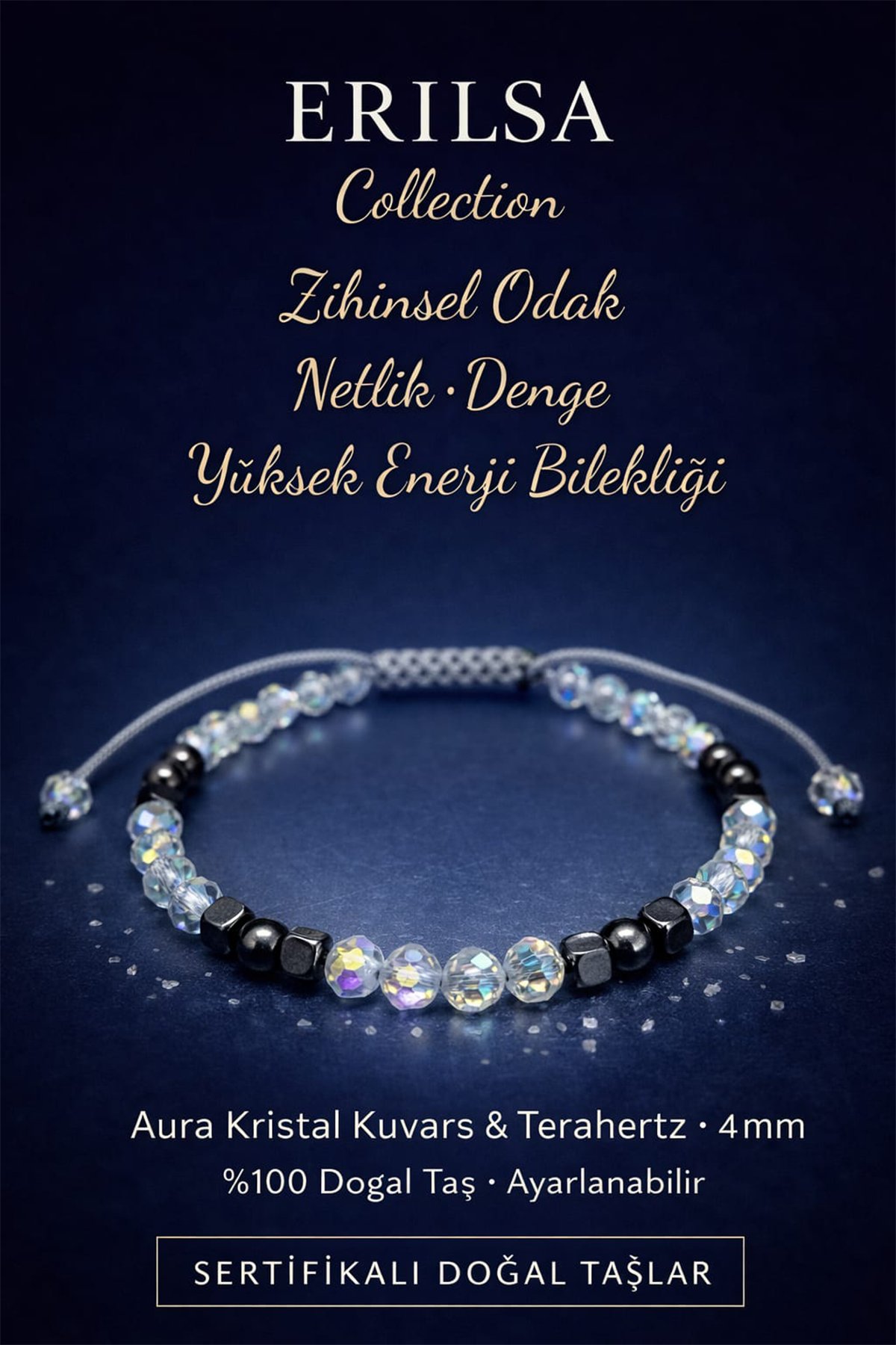 Sertifikalı Zihinsel Odak ve Yüksek Enerji Bilekliği – Aura Kristal Kuvars Terahertz Taşı 4mm