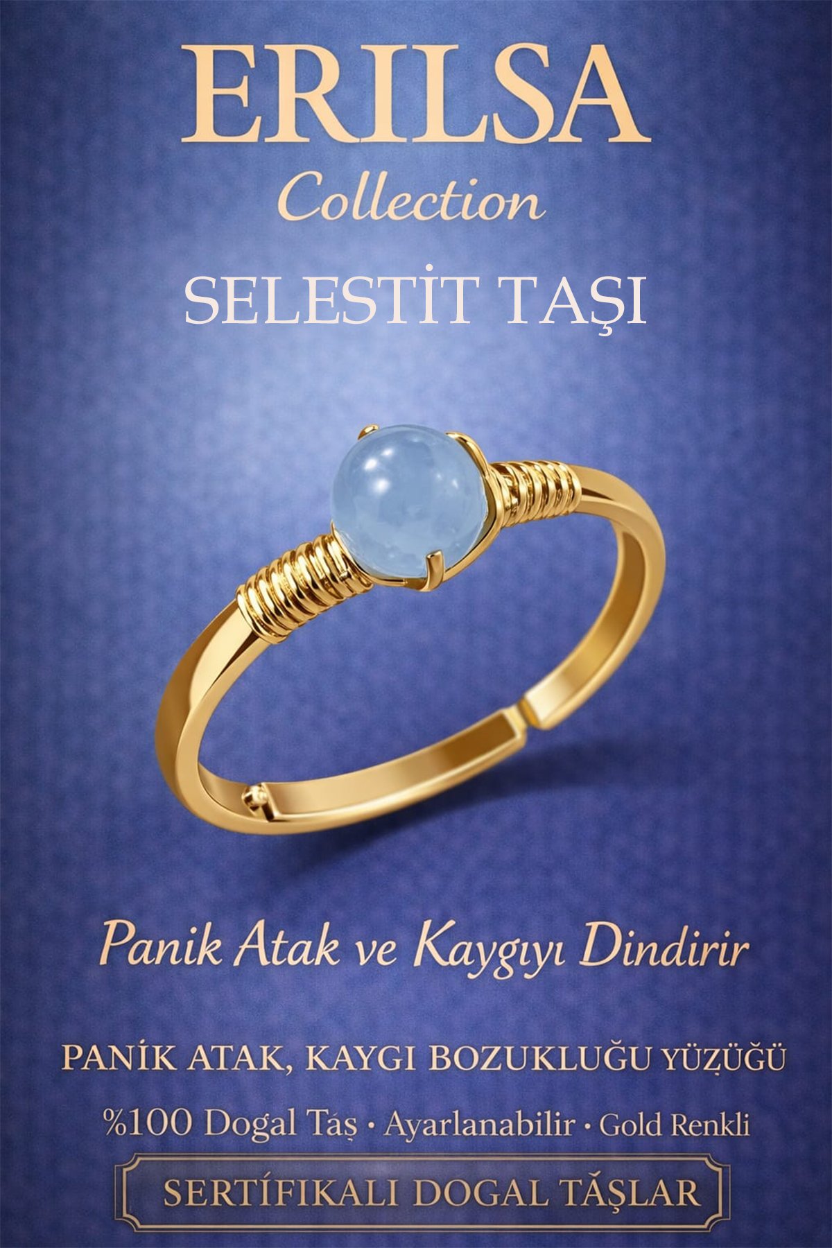 Sertifikalı Panik Atak ve Kaygı Denge Yüzüğü – Selestit Taşı Ayarlanabilir Gold Balık Yengeç Burcu