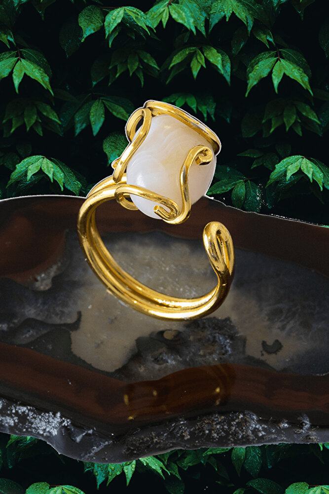 Sertifikalı Rokoko Model Beyaz Akik Taşı Yüzük - Ayarlamalı