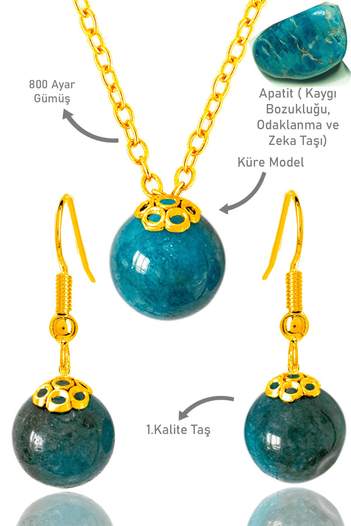 Sertifikalı Gold Küre Model Apatit Taşı Kolye Ve Küpe Seti - Gümüş Aparatlı