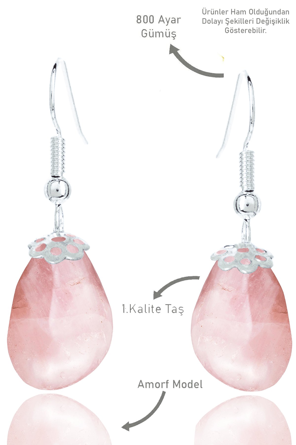 Sertifikalı Amorf Model Ham Pembe Kuvars Taşı Küpe