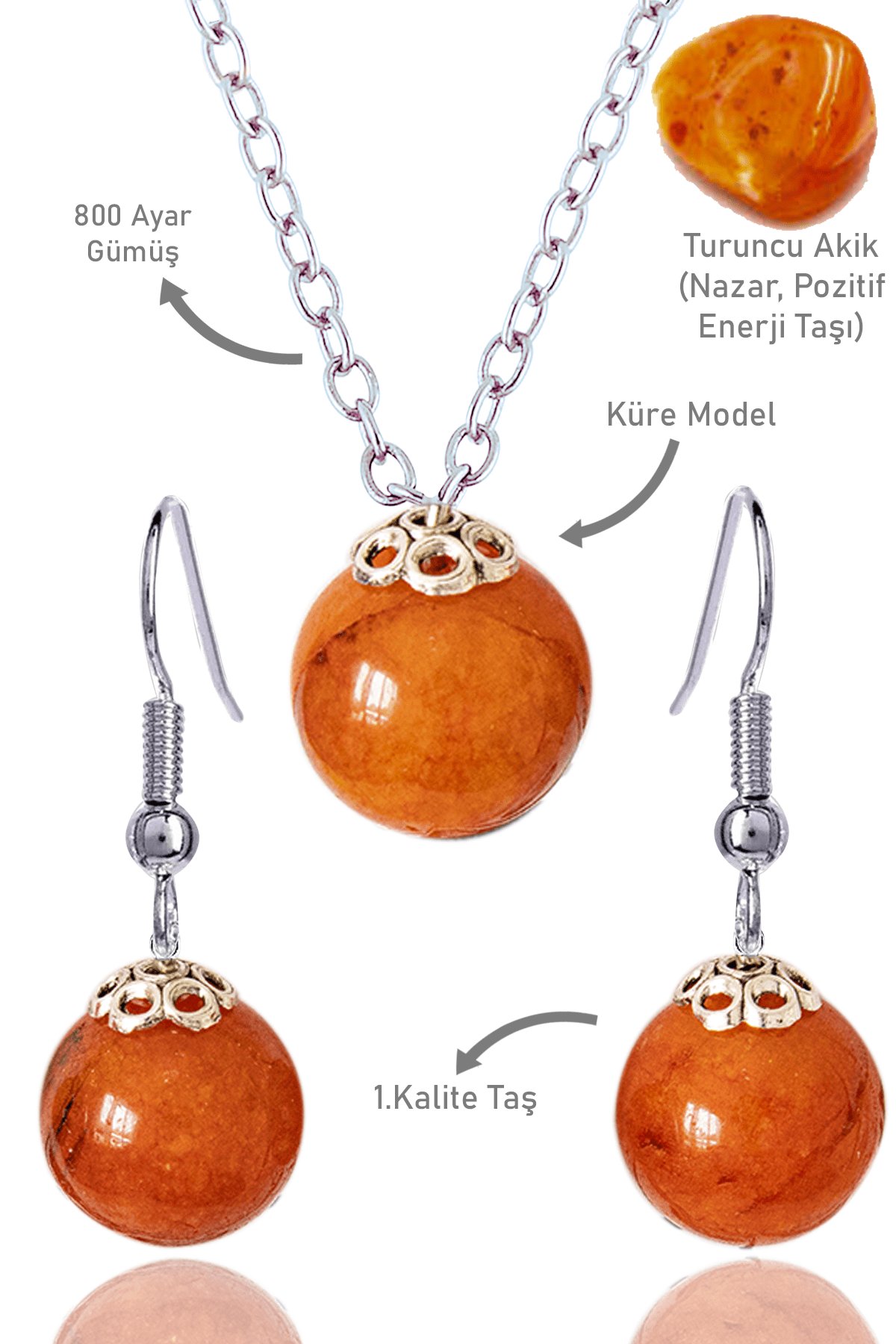 Sertifikalı Küre Orijinal Turuncu Akik Taşı Kolye ve Küpe Seti - Gümüş Aparatlı