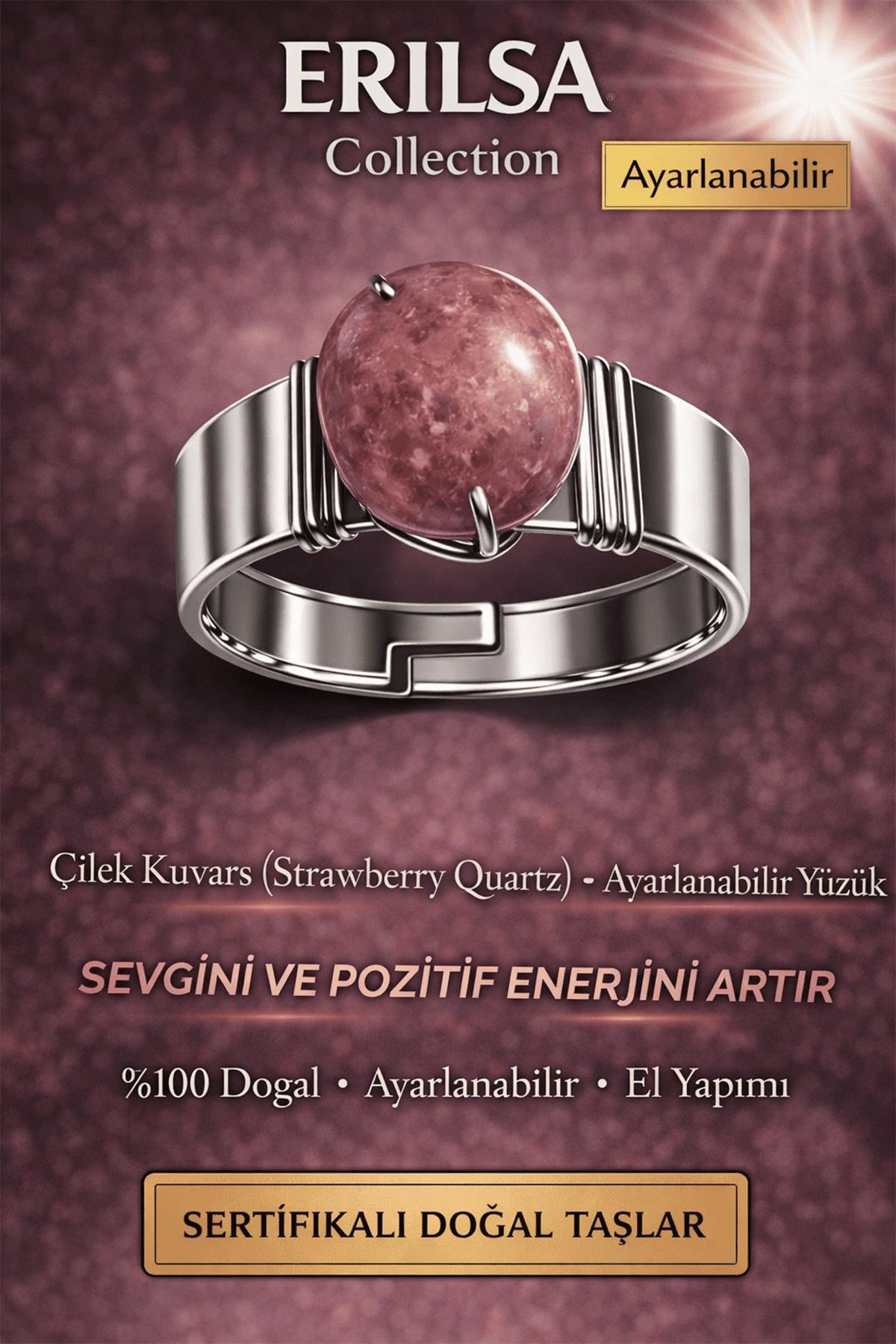 Sertifikalı Doğal Strawberry Quartz (Çilek Kuvars) Taşı Yüzük – Kalın Tımbıl Kasa Ayarlanabilir