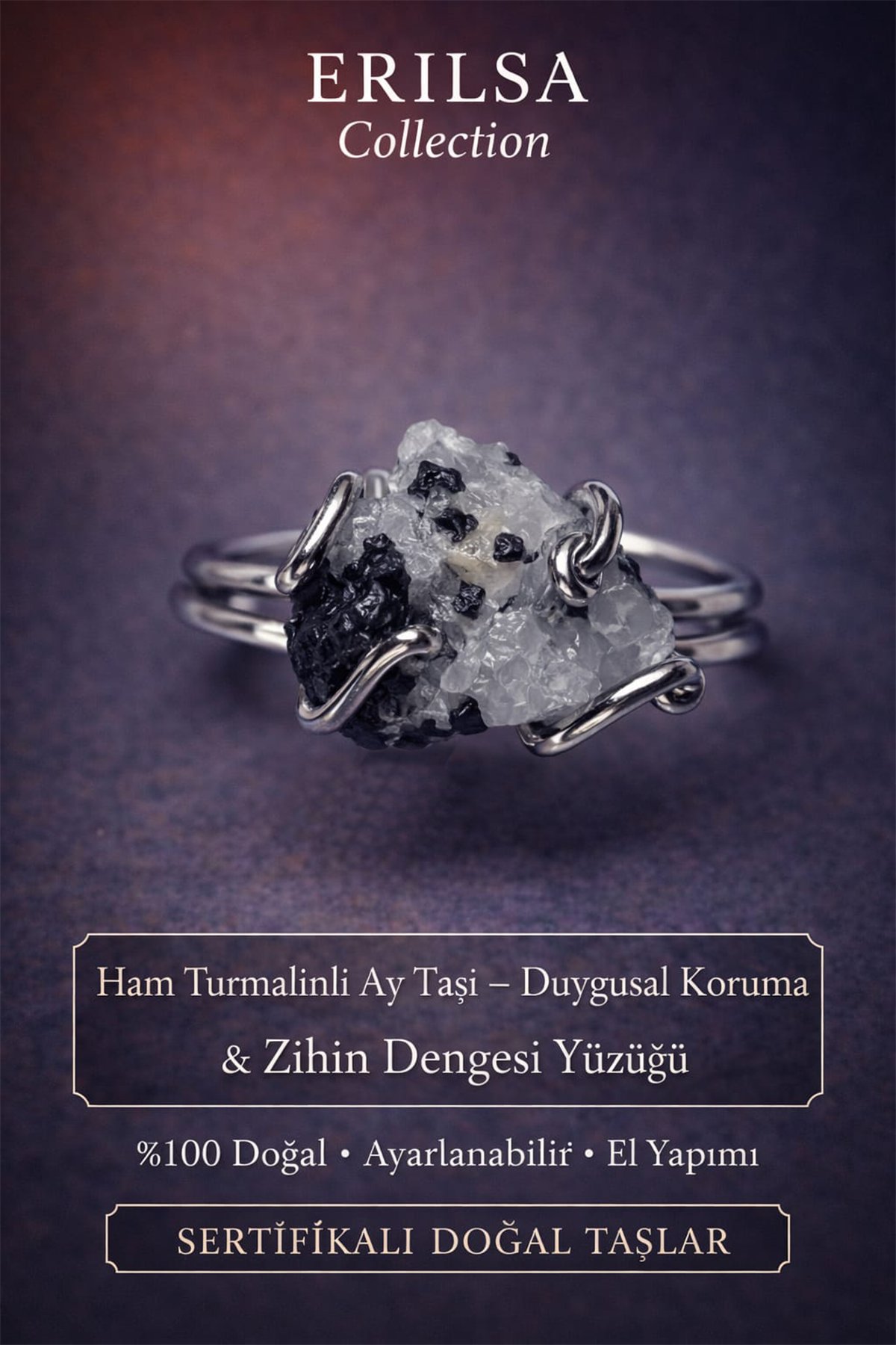 Sertifikalı Duygusal Koruma Zihin Dengesi Enerji Yüzüğü – Ham Turmalinli Ay Taşı – Ayarlamalı