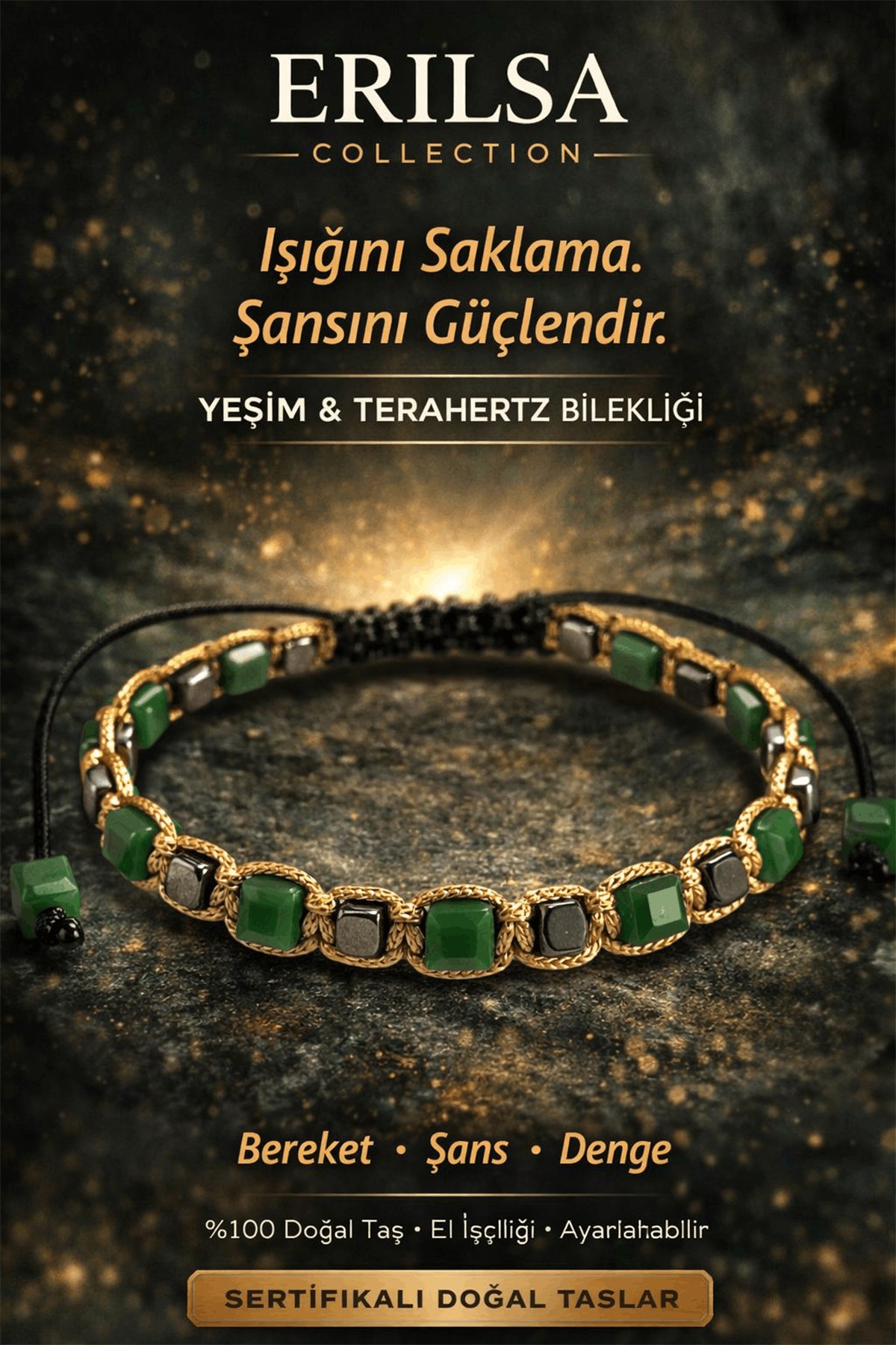 Sertifikalı Doğal Taş Yeşim Terahertz Bileklik - Küp Kesim Fasetli Şans Bereket Bileklik 