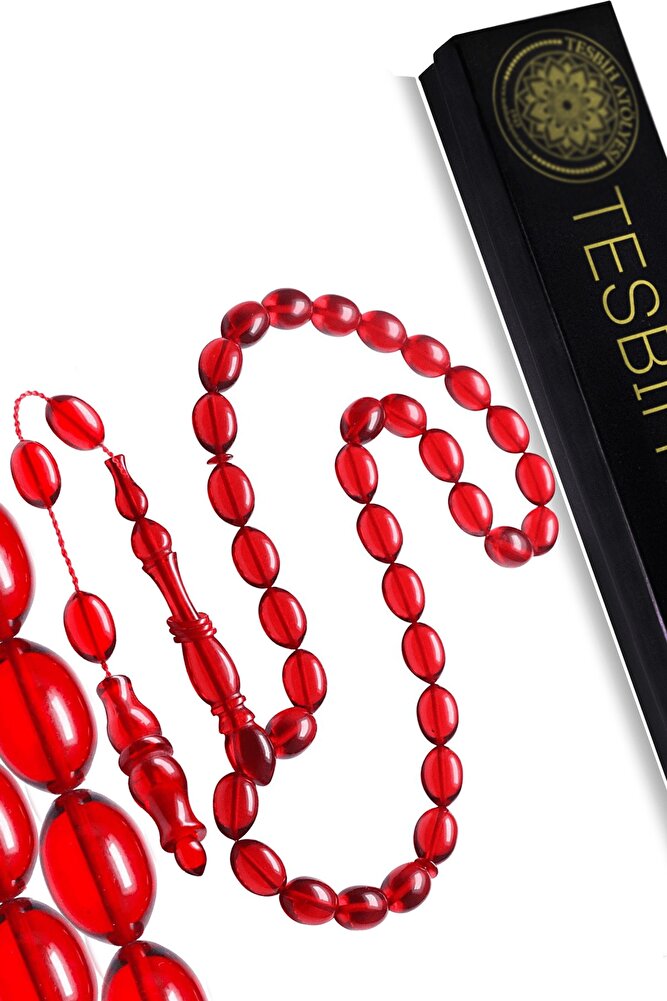 Sistemli Kırmızı Renkli Beyzi Kesim Halkalı Ateş Kehribar Tesbih