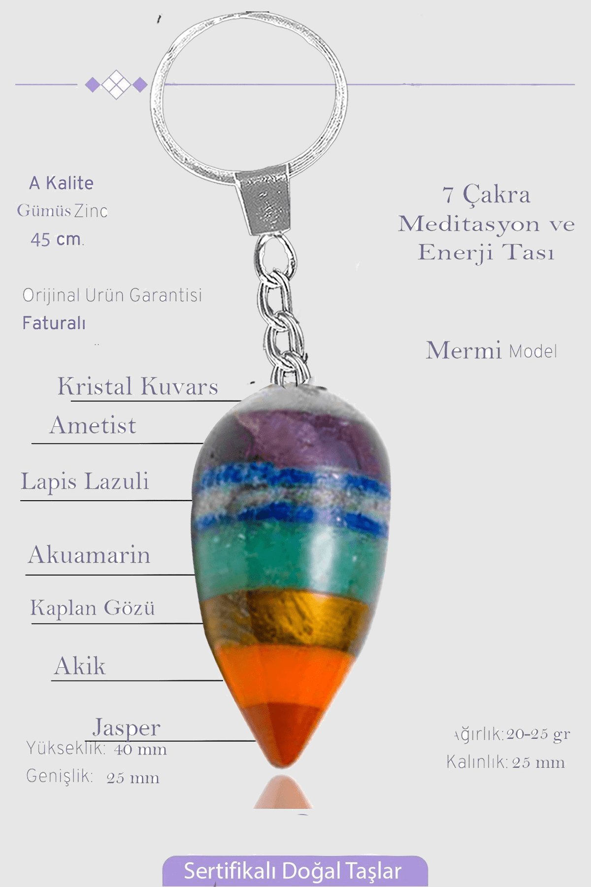 Sertifikalı Damla Model AAA+ Kalite 7 Çakra Doğal Taş Anahtarlık