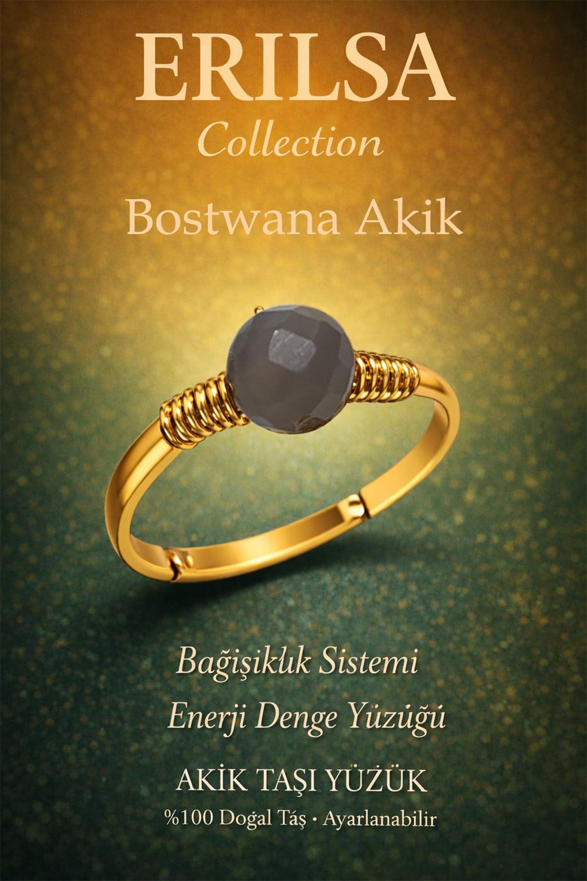 Sertifikalı Bağışıklık Enerji Denge Yüzüğü – Botswana Akik Taşı Ayarlamalı Gold İnce Akrep Oğlak