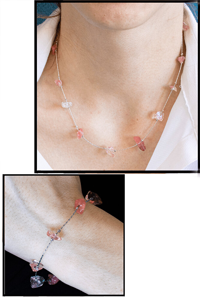Sertifikalı Gül Kuvars Taşlı Doğal Taş Kolye Bileklik Seti