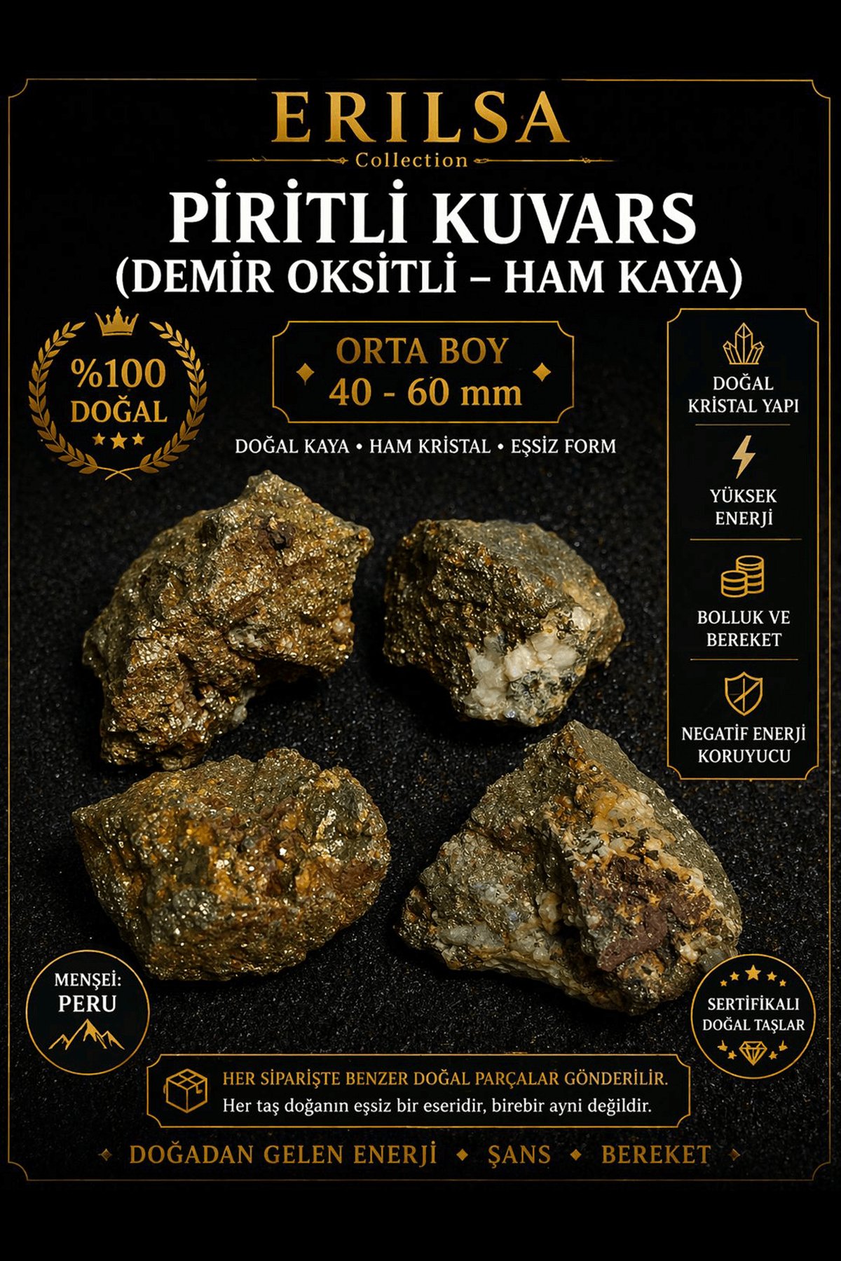 Sertifikalı Doğal Piritli Kuvars Demir Oksitli Kütle Ham Kristal Taş 40-60 mm Orta Boy