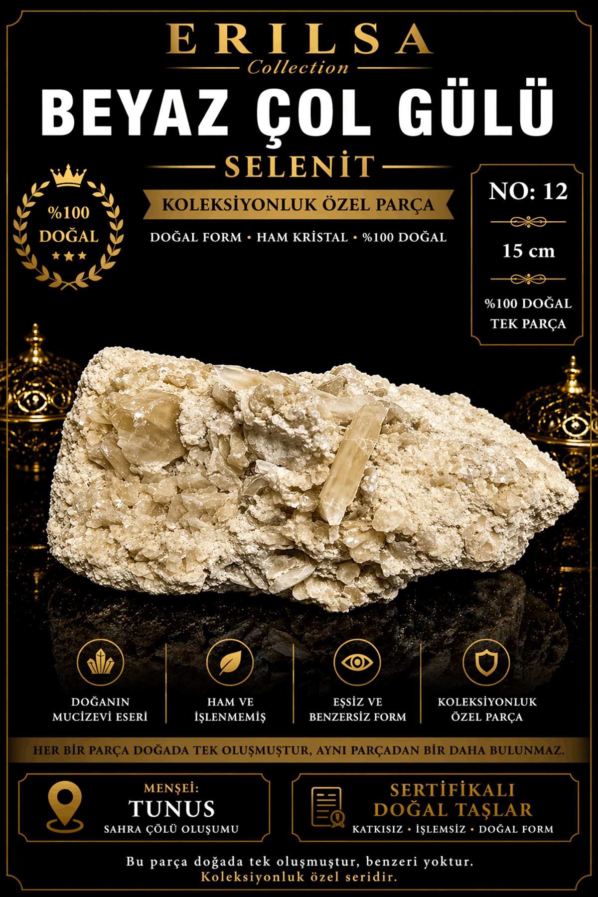 Sertifikalı Beyaz Çöl Gülü Selenit Taşı Kütle - 15 cm Koleksiyonluk Doğal Tek Parça