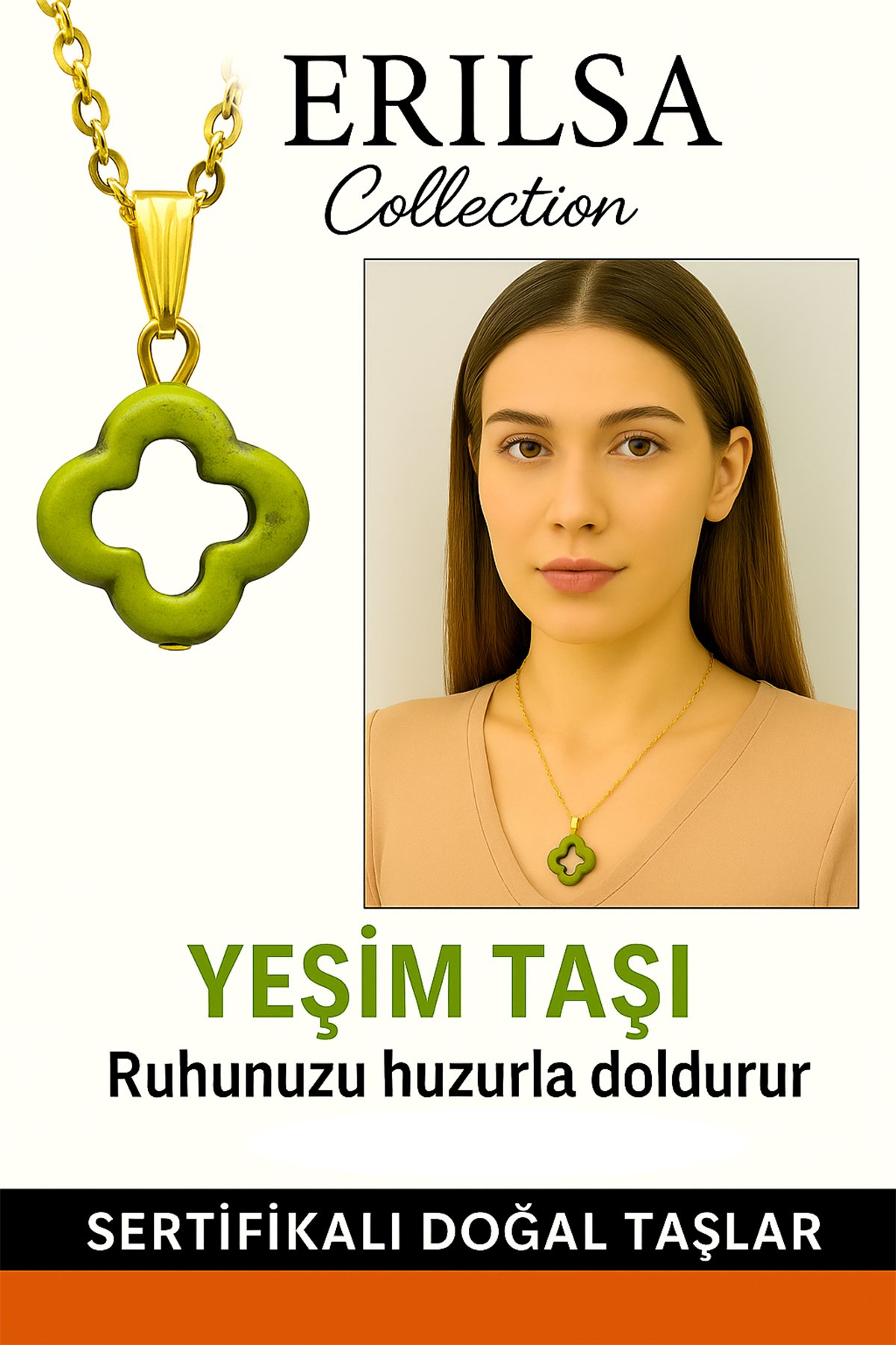 Sertifikalı Yonca Model Yeşim Taşı Kolye Şans ve Denge Sağlar