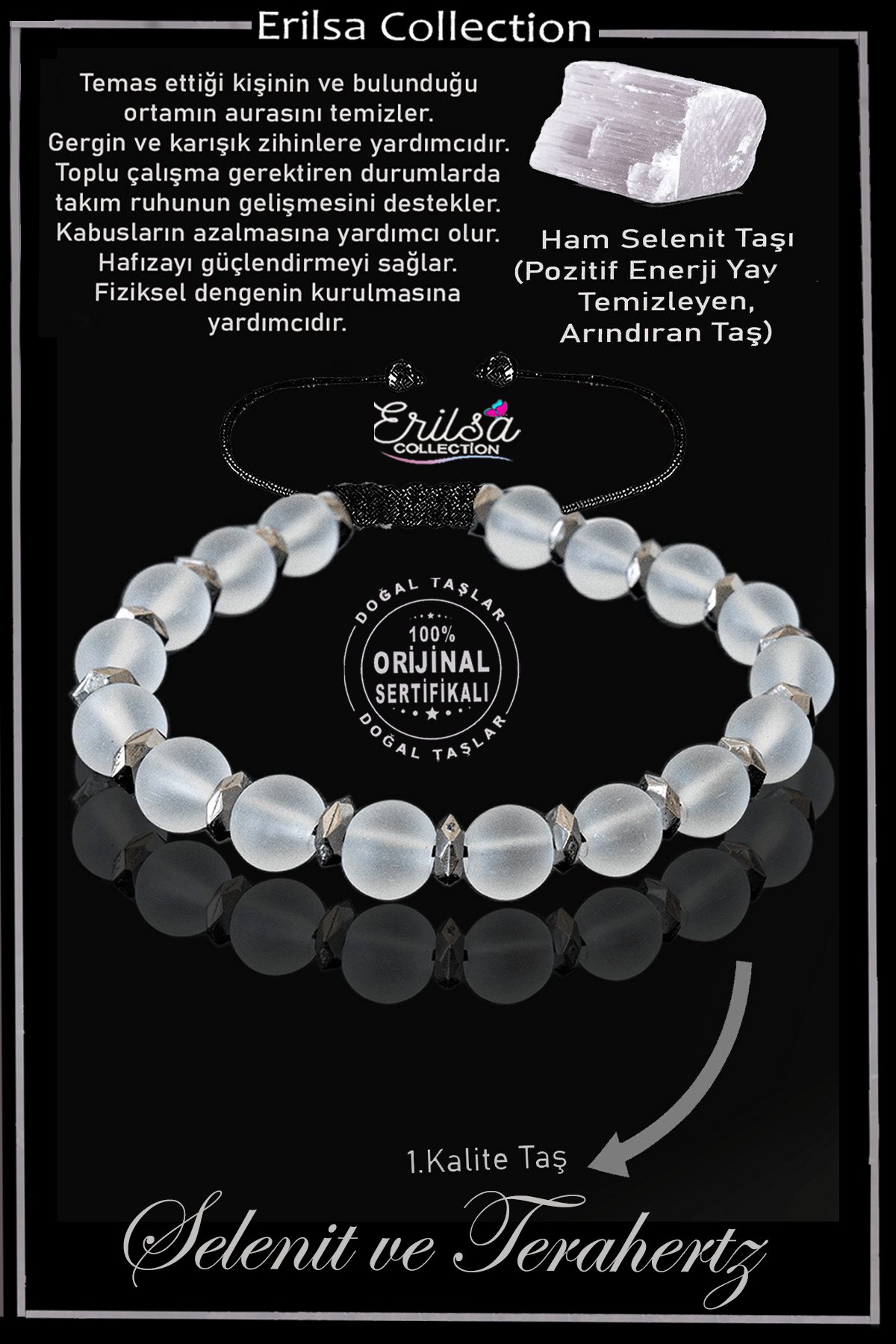 Sertifikalı Fasetli Hematit - Selenit Taşı Bileklik - Ayarlamalı