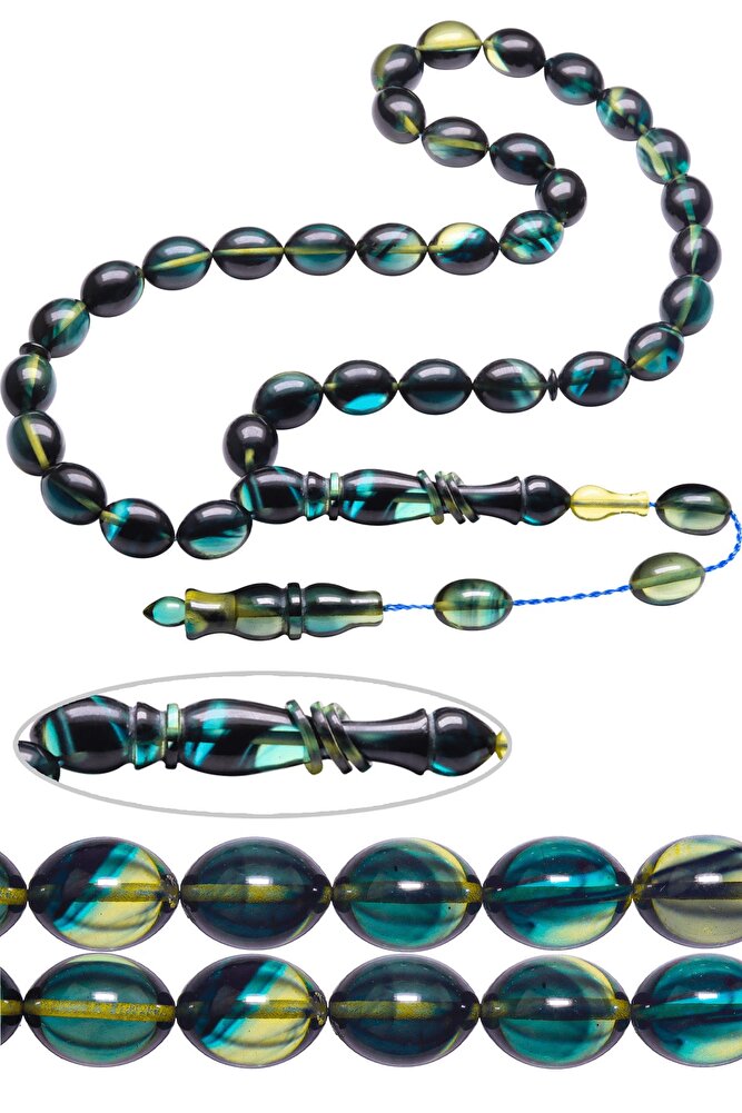 Sistemli Tombul Beyzi Kesim Halkalı Koyu Mavi Renkli Sıkma Kehribar Tesbih