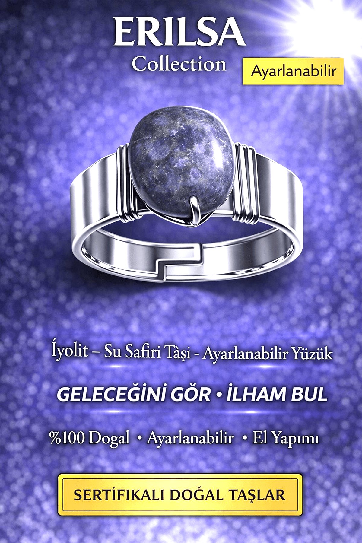 Sertifikalı İyolit Su Safiri Taşı Yüzük Doğal Taş Ayarlanabilir El Yapımı Şık Tasarım