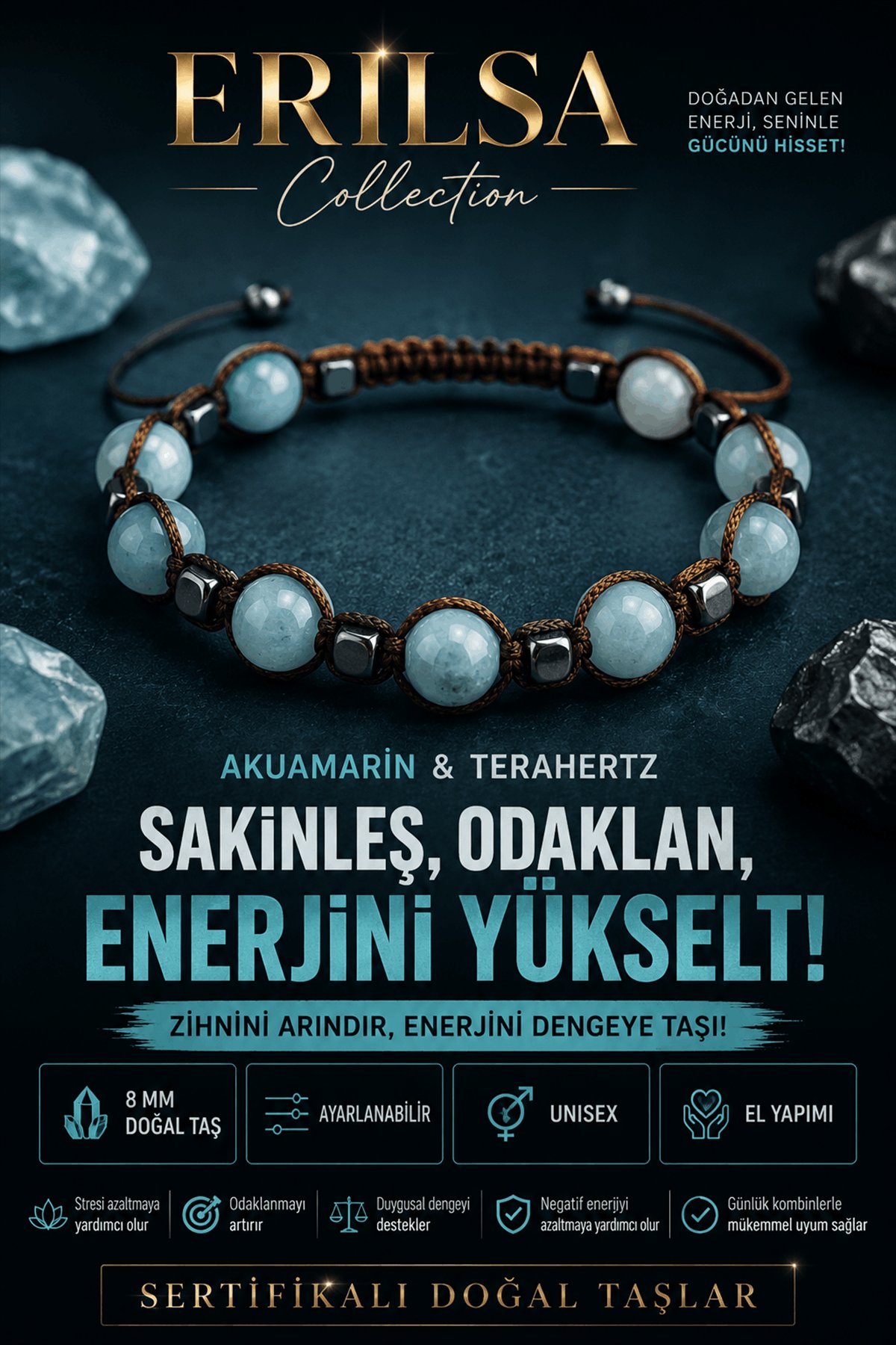 Sertifikalı Akuamarin Terahertz Doğal Taş Bileklik Ayarlanabilir Unisex - Sakinlik Odaklanma Enerji