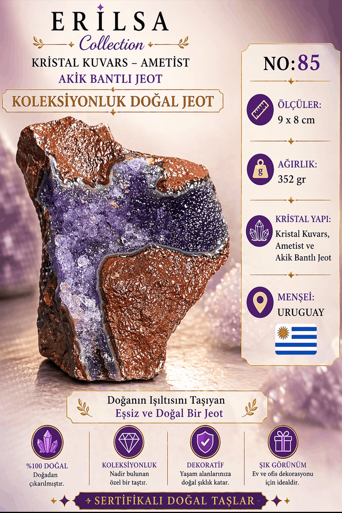 Sertifikalı Doğal Ametist Jeodu Akik Bantlı Kristal Kuvars Ham Kaya Uruguay NO85